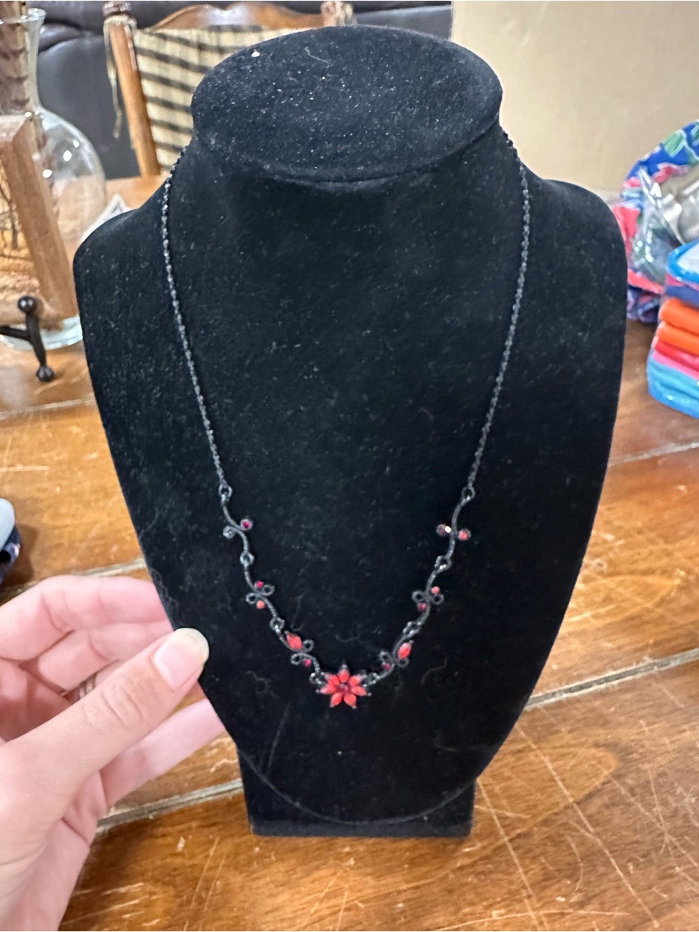 Elegant Black Necklace with Red Floral Accents - Women Jewelry